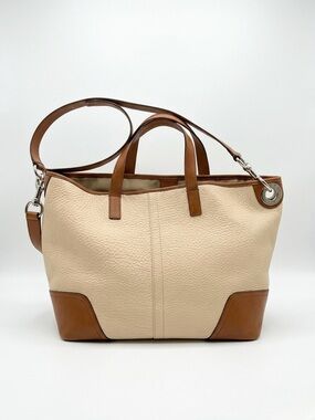 Vintage Coach Cream and Brown Leather Tote Bag with Adjustable Strap